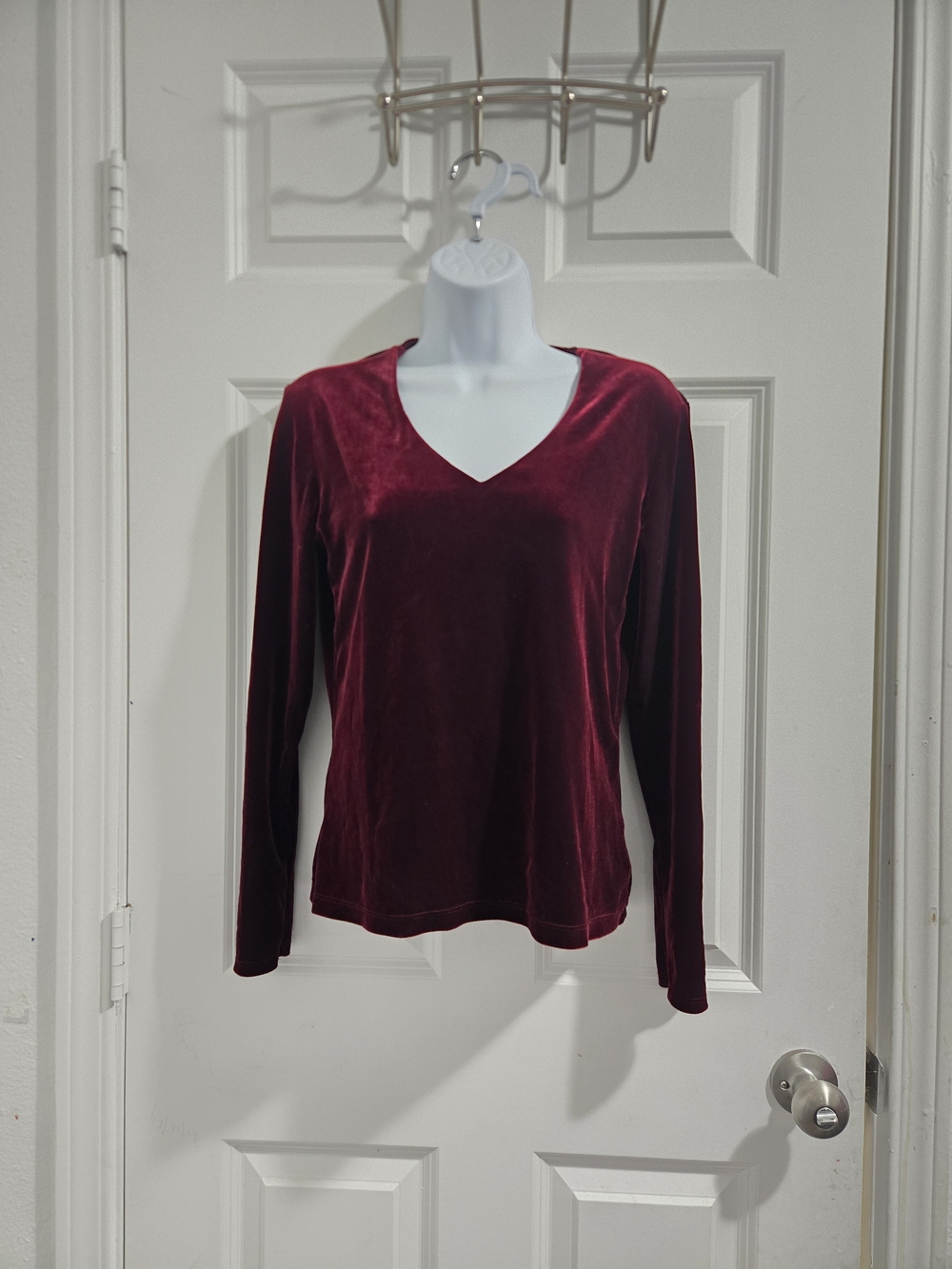 Eddie Bauer Velvet V-Neck Long Sleeve Top - Burgundy